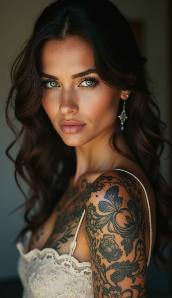 Mulher sozinha, branca, tatuagens, linda, pelada, ar livre, celular, de frente