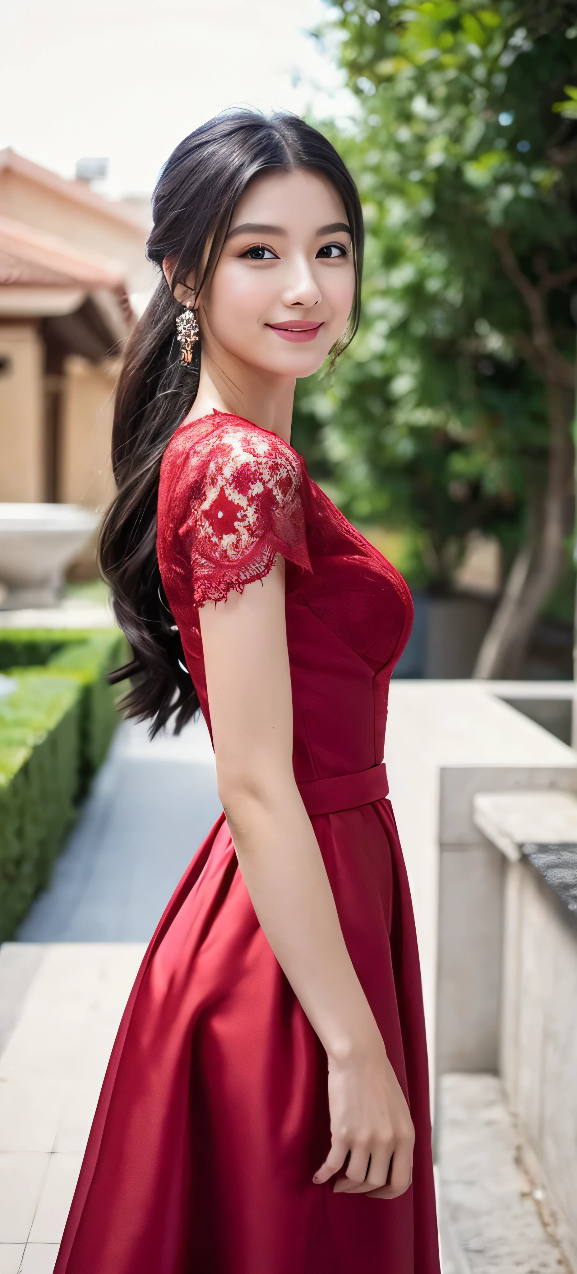 , masterpiece, ultra realist, really intricate details Wine Red dress wear by a korean woman, really intricate background