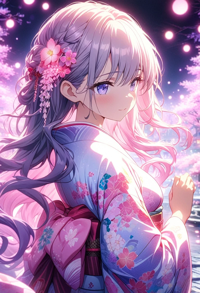 Masterpiece, highest quality, highly detailed CG Unity 8k wallpapers, anime screenshots, female anime character art in neon floral kimono. She wears a kimono with a neon flower pattern that shines in purple. This scene with long flowing hair has a nice soft focus effect, highlighting the magical glow of the tattoo. Please take a prayer pose. In the background are night cherry blossoms shining in pink neon lights. Bokeh photography, (soft focus): 1.2, out of focus highlights, dreamy atmosphere, glowing circles, mesmerizing depth, depth of field