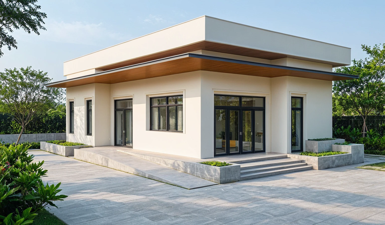 front view of a modern minimalist house in the city center with yellow walls and wooden accents,stone cladding details,large windows,double height entrance gate,surrounded by other houses,a concrete wall and trees behind it,lush tropical plants on both sides,a sunny day,professional photography in the style of a magazine,with a car passing through the front door,in the style of X Danielle home design,