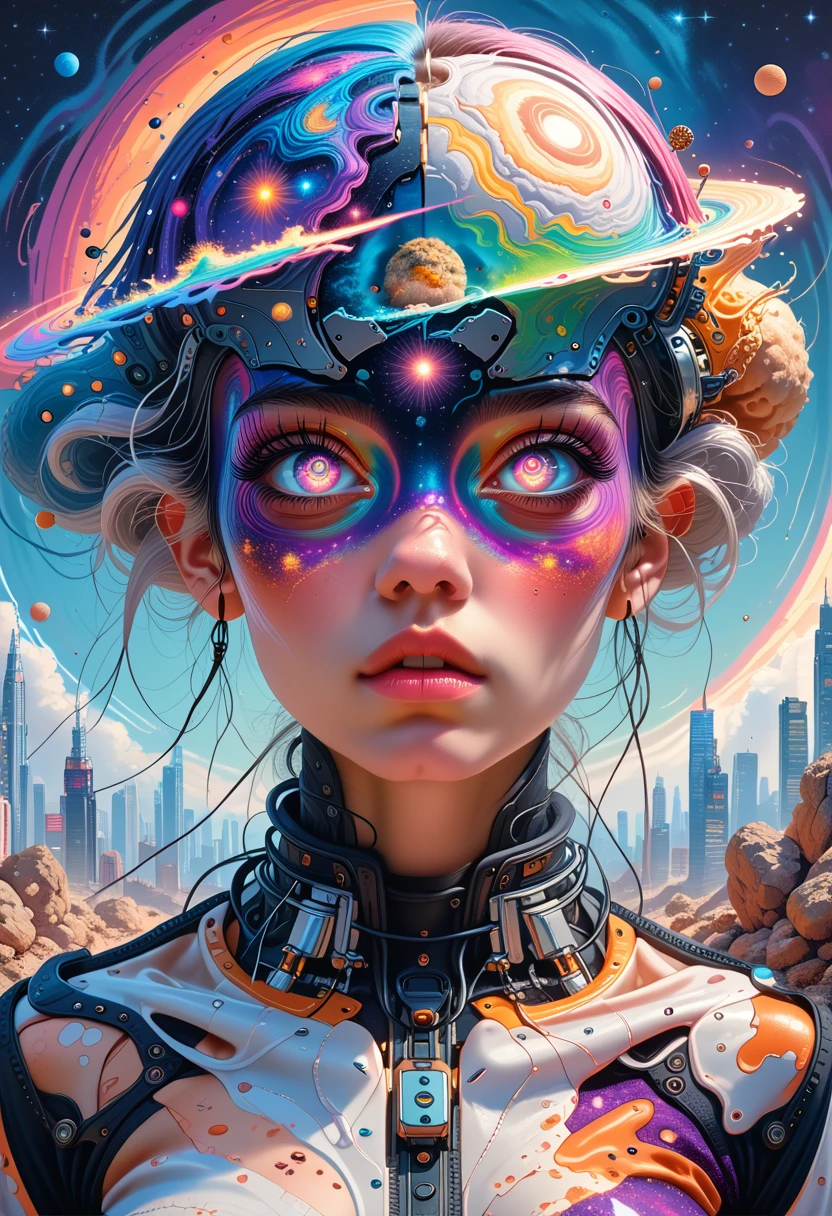 a woman stands in front of a painting depicting a planet, Futuristic city in the background, psychotrance, interconnected human lifeforms, panoramic view of the girl, Progressive Rock Album Cover, A Dream of the Infinite, Stardust, galaxy, Stoner Rock -- 16:9 -- at 5.1