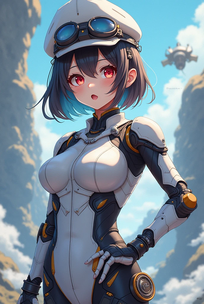 Youthful anime girl, short girl, busty girl, sci-fi explorer, Sci-Fi adventurer, spacesuit, bodysuit, under suit, armor suit, hot girl, supermodel body, huge breasts, heavy breasts. Brown eyes, dark black hair, short hair, long bangs, inverted bob