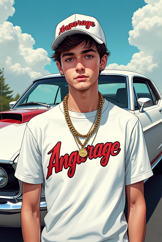 1 male, Impressionist style, Brushwork, hazel brown eyes, sharp brows, long eyelashes, skin tawny, deep tan, curtain bangs, tapered undercut, middle part, textured waves, golden brown hair, highlights, almond eyes, slight upward tilt at outer corners, inside jeep, background inside jeep, holding steering wheel, college male, white fitted t-shirt, silver cross necklace, grey swim shorts, black flipflops, waist up shot
