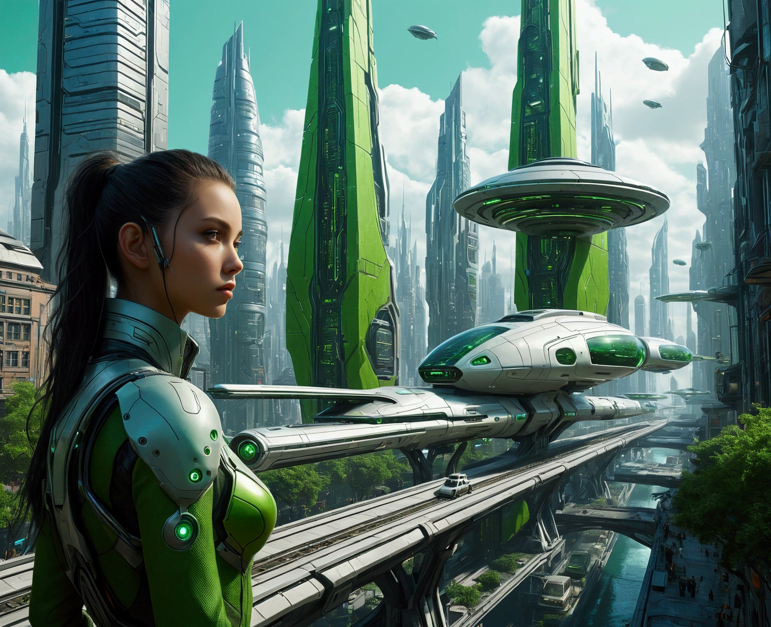 tmasterpiece，16k，UHD resolution，Detailed depiction，photorealestic，realisticlying，Very realistic，Foto realism, The ultra-detailliert, Futuristic woman in futuristic city with futuristic futuristic green city in background,green plant，Small flying machines sail around the city，Futuristic city with futuristic train and futuristic architecture， inspired by Marek Okon, Beautiful sci-fi art, Science-fi digital art illustration, Digital cyberpunk art, science fiction digital painting, futuristic digital painting, futuristic concept art, in front of a sci fi cityscape, science fiction digital art, Advanced digital cyberpunk art, dreamy cyberpunk girl