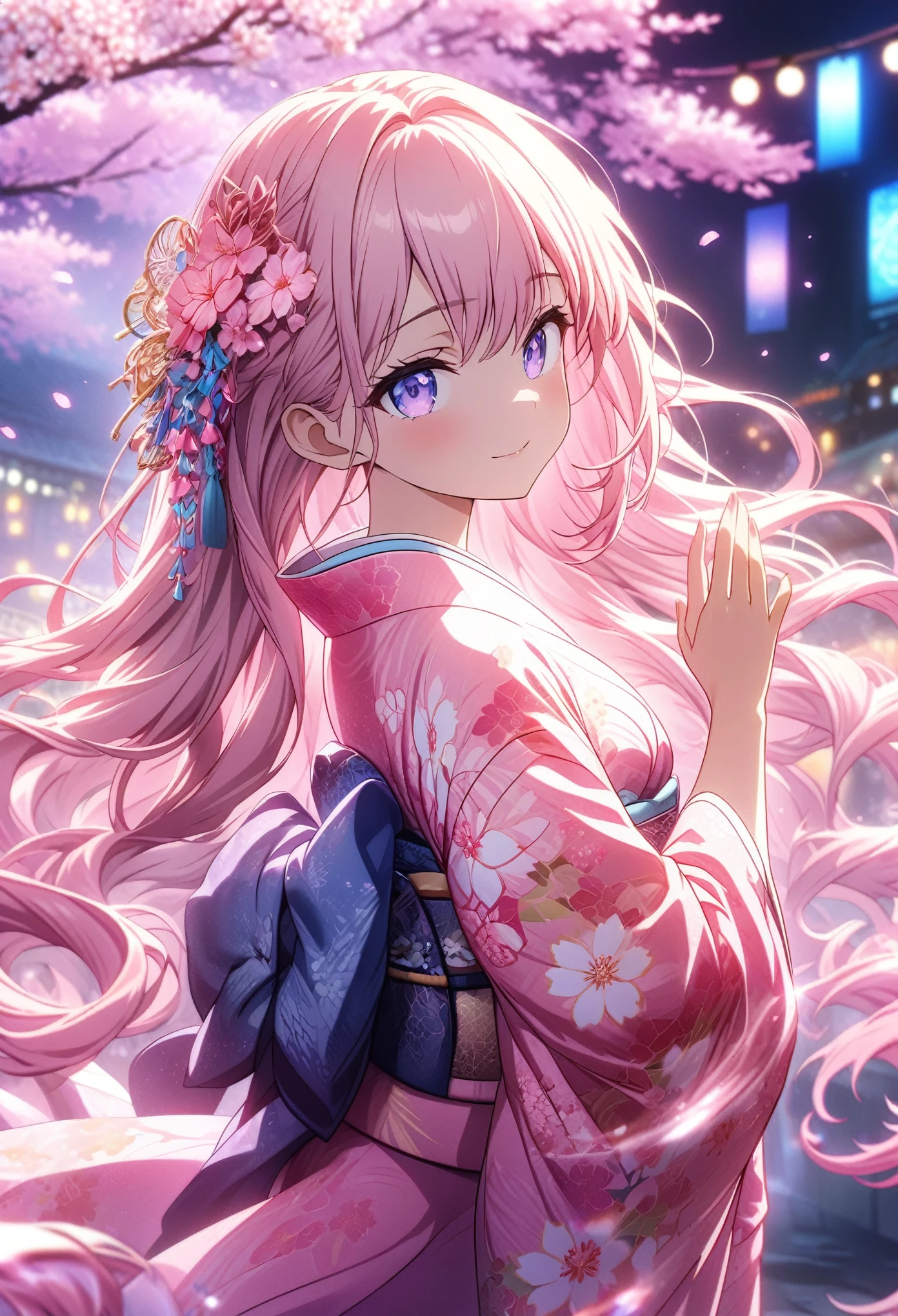 Masterpiece, top quality, highly detailed CG Unity 8k wallpapers, anime screenshots, female anime character art in neon kimono. She wears a kimono with a neon flower pattern that shines in purple. This scene with long flowing hair has a nice soft focus effect, highlighting the magical glow of the tattoo. Please take a prayer pose. In the background are night cherry blossoms shining in pink neon lights. Bokeh photography, (soft focus): 1.2, out of focus highlights, dreamy atmosphere, glowing circles, mesmerizing depth, depth of field