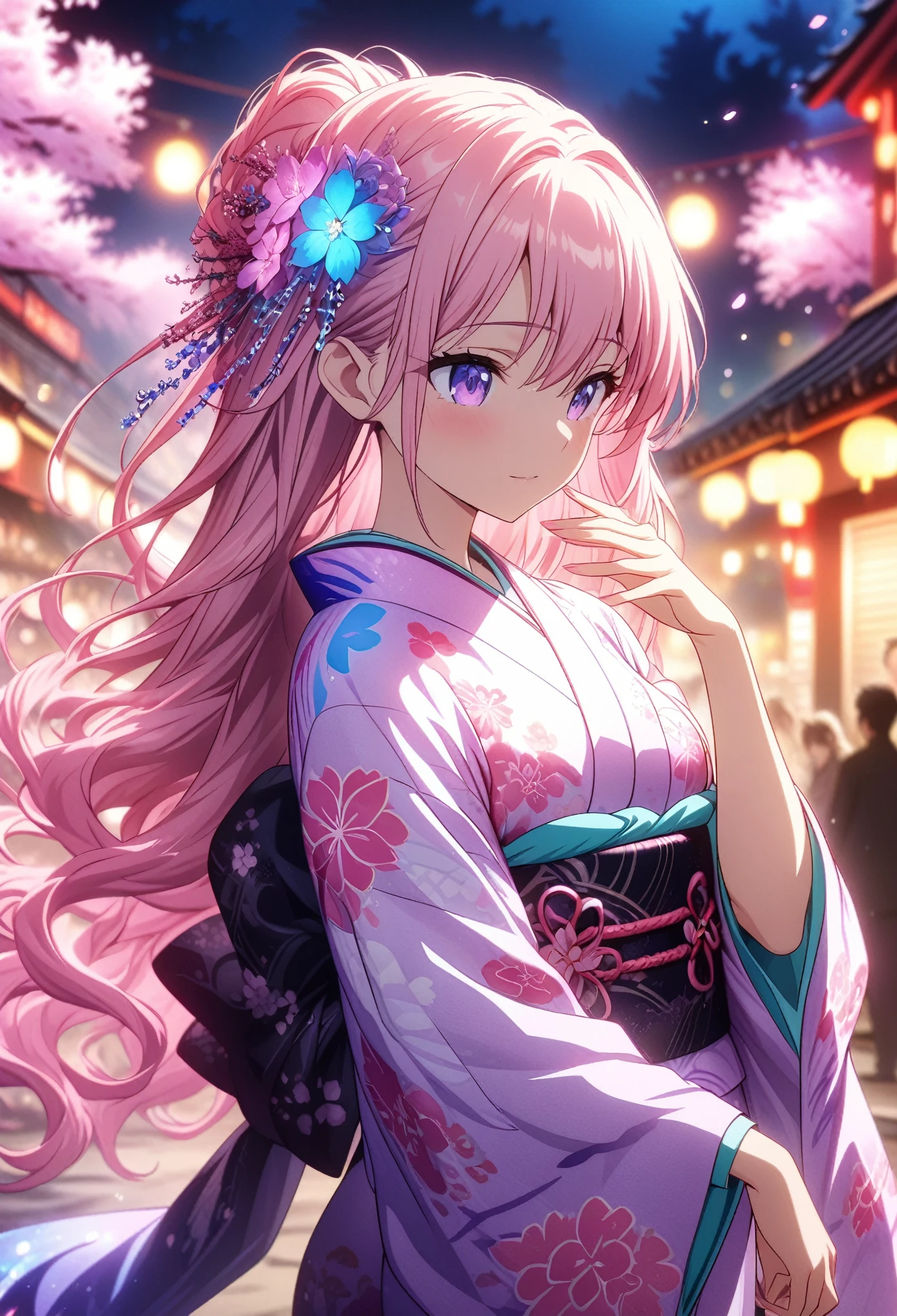 Masterpiece, top quality, highly detailed CG Unity 8k wallpapers, anime screenshots, female anime character art in neon kimono. She wears a kimono with a neon flower pattern that shines in purple. This scene with long flowing hair has a nice soft focus effect, highlighting the magical glow of the tattoo. Please take a prayer pose. In the background are night cherry blossoms shining in pink neon lights. Bokeh photography, (soft focus): 1.2, out of focus highlights, dreamy atmosphere, glowing circles, mesmerizing depth, depth of field