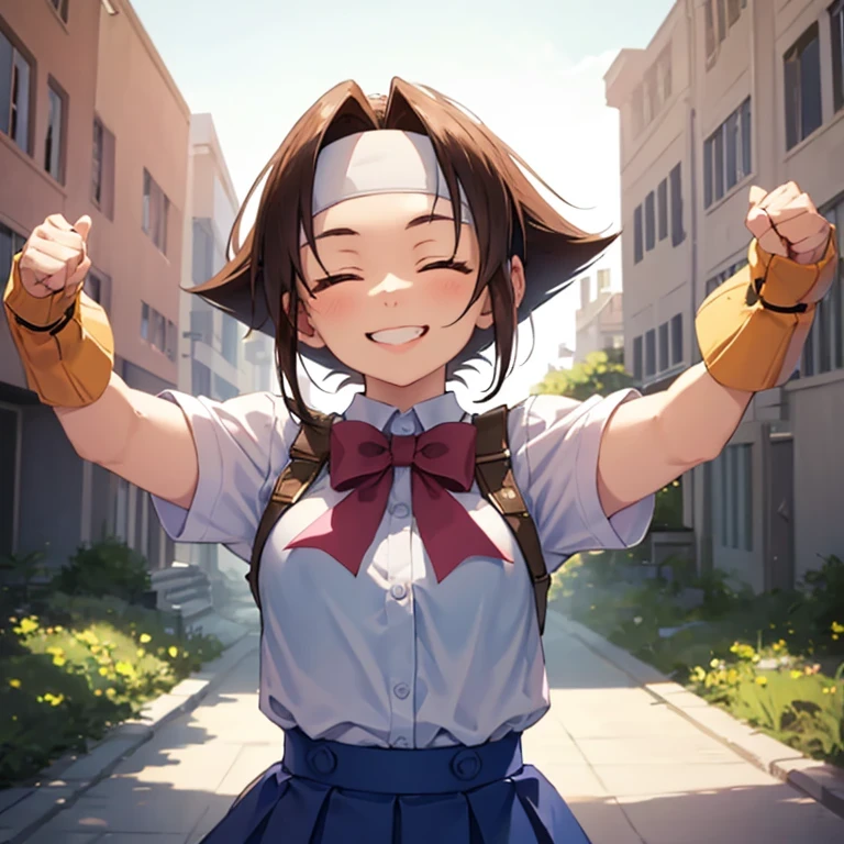 masterpiece, best quality, wakabahinata, headband, white shirt, bow, blue vest, pleated skirt, fingerless gloves, upper body, looking at viewer, school, outdoors,(full smile, smiling with mouth wide open, smiling with both eyes closed, arms wide open hugging viewer, expressing happiness with whole body）