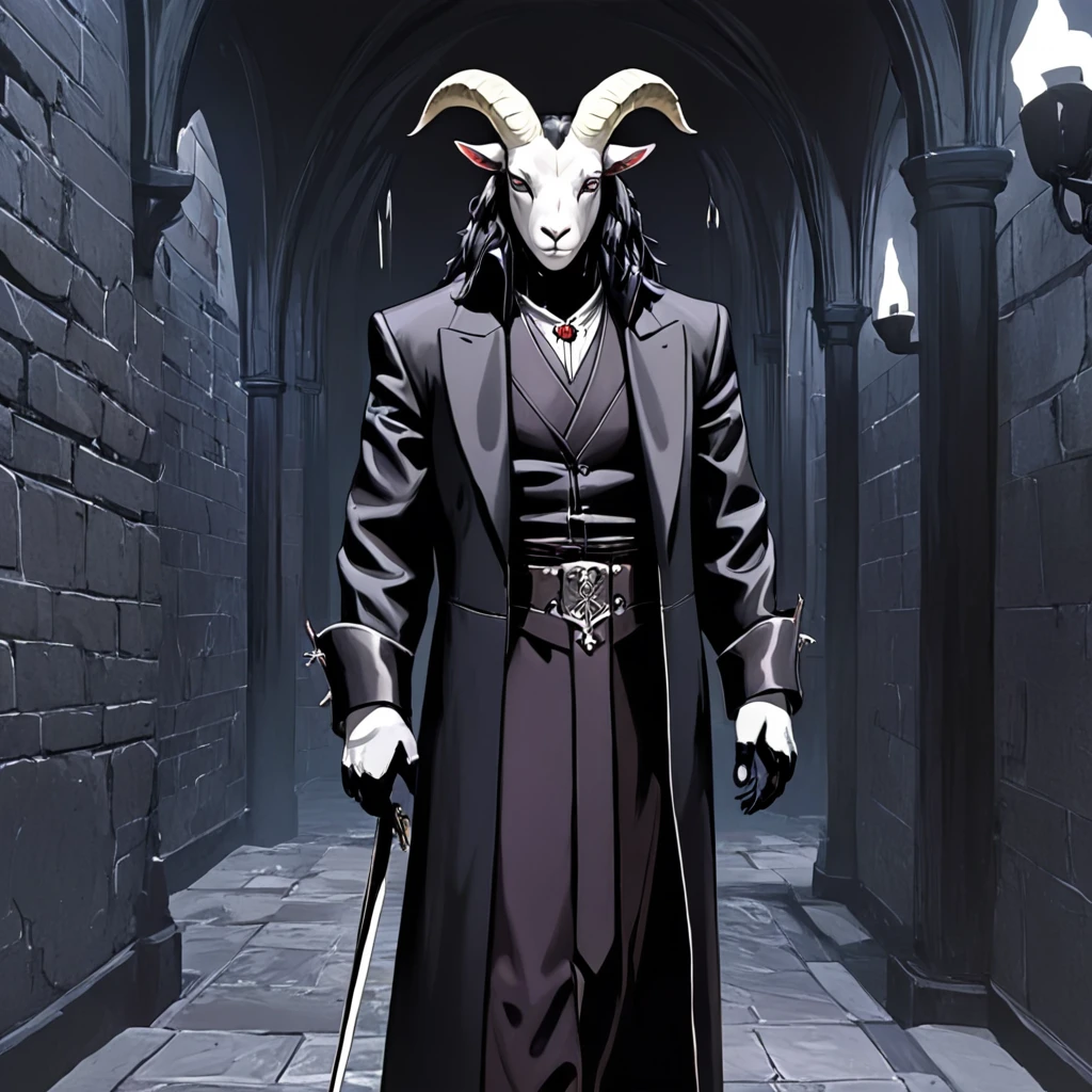 Oc, a male furry goat/sheep,black skin,black wool, skinny man wearing a priest suit/outfit with a crusade sword,black hair,horns,thick, in an 90’s style. He’s androgynous , fullbody, a cold expression.The scene has a Bloodstained/Castlevania/Van Helsing style and a vibrant tone. Lost village setting in the background.