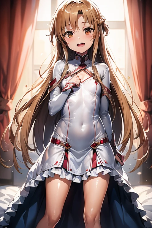 ((Highest quality)), ((masterpiece)), (be familiar with), Perfect Face, indoor, Bedroom, Watching the audience,
One woman, Yuuki Asuna,
Open Mouth, Ecstatic expression, blush, smile,
Small breasts, Flat Chest, , , child, Girl,
Long Hair, Long Hair,
Leg spread,