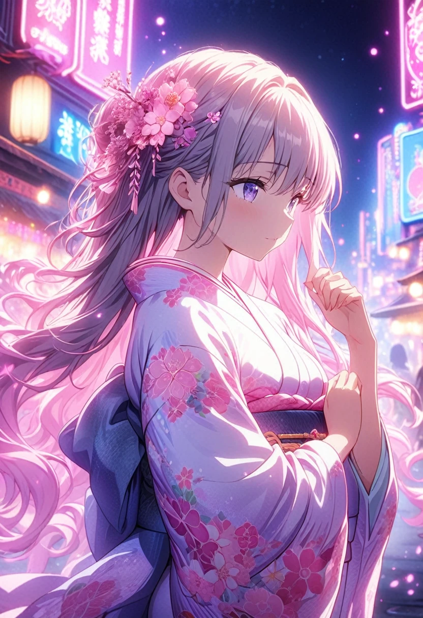 Masterpiece, highest quality, highly detailed CG Unity 8k wallpapers, anime screenshots, female anime character art in kimono with neon glowing floral tattoos. She wears a kimono that glows with purple neon lights. This scene with long flowing hair has a nice soft focus effect, highlighting the magical glow of the tattoo. Please take a prayer pose. In the background are night cherry blossoms shining in pink neon lights. Bokeh photography, (soft focus): 1.2, out of focus highlights, dreamy atmosphere, glowing circles, mesmerizing depth, depth of field