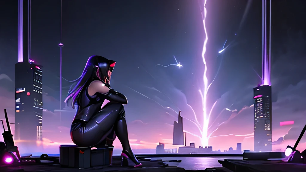 cyberpunk style、girl、sit in a sexy pose、Black Cybersuit、Face masks、Professional photo composition、Full body shot from the side、Galaxy stars in the background、Tesla coil explodes、Stranded pirate ship、A world of chaos、Dark Room、wallpaper、high quality、high resolution、High definition、