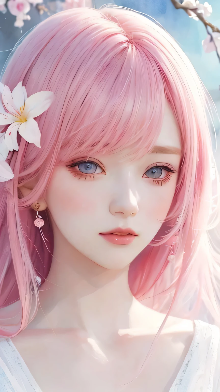 (High quality, 8K), (watercolor paiting, Soft light),Detailed face, Close up portrait of woman with pink hair and white dress, inspired by Yanjun Cheng, soft anime illustration, ethereal beauty, Beautiful Anime Portrait, by Yanjun Cheng, Stunning anime face portrait, Bubble,beautiful hair, lot of flowers