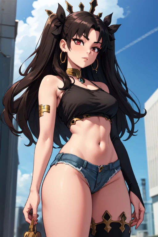 1girl, aaishtar, long hair, two side up, hair ribbon, tiara, parted bangs, hoop earrings, jewelry, neck ring, single sleeve, detached sleeves, single thighhigh, black thighhighs,  denim shorts, tank top, ass, backview, erotic and perfect goddess body, standing, anime screencap, cowboy shot, masterpiece, anatomically correct, high quality, super detail