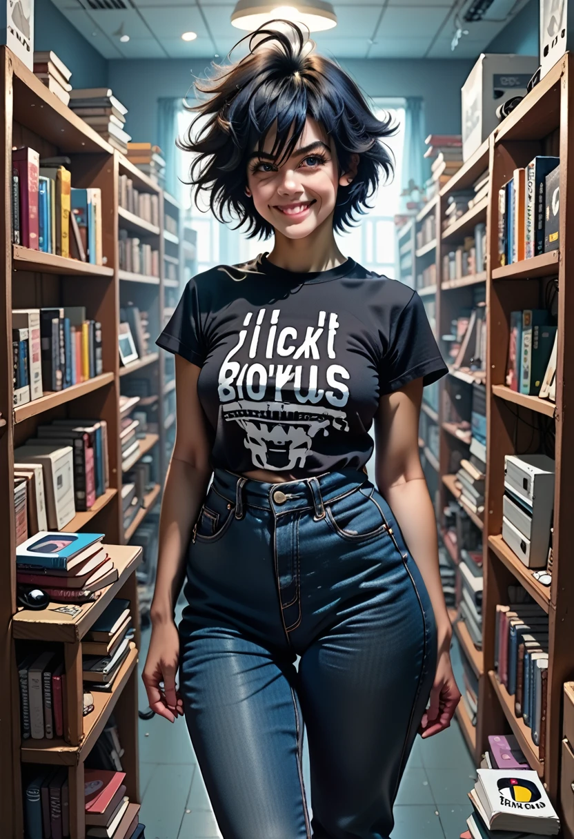 Best quality, 1 girl, ((I look at the viewer)), dark blue hair, black eyes, very short hair, spiky hair, ahoge, T-shirt, high waist jeans, 171 cm, dirty hair, hair between eyes, medium breast, Big breasts, Plump, dark skin, tomboy, adult, 20 years, 1 girl, One, sole, Smirk, широкие hips, hips, standing, cluttered room, bedroom, Shelves, DVD discs, books, video games, computer, CDs, vinyl records, Videotapes,