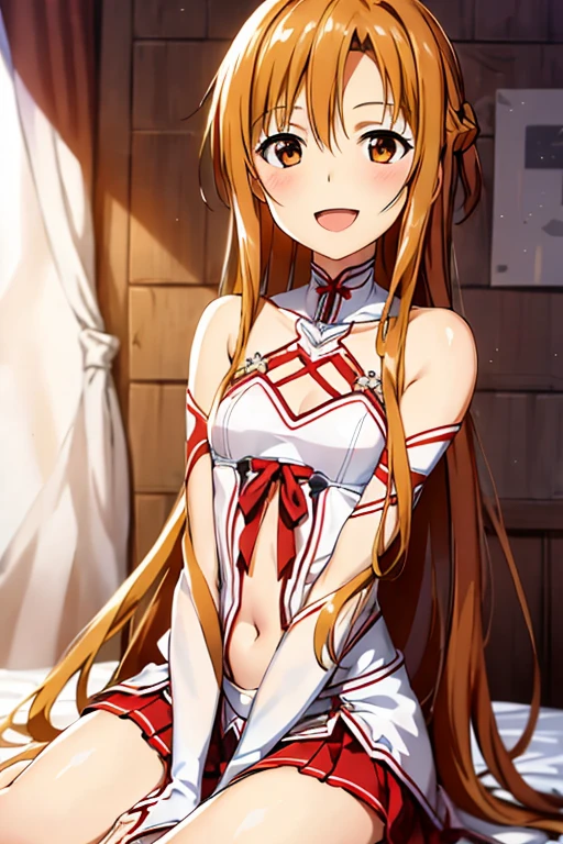 ((Highest quality)), ((masterpiece)), (be familiar with), Perfect Face, indoor, Bedroom, Watching the audience,
One woman, Yuuki Asuna,
Open Mouth, Ecstatic expression, blush, smile,
Small breasts, Flat Chest, , , child, Girl,
Long Hair, Long Hair,
Leg spread,