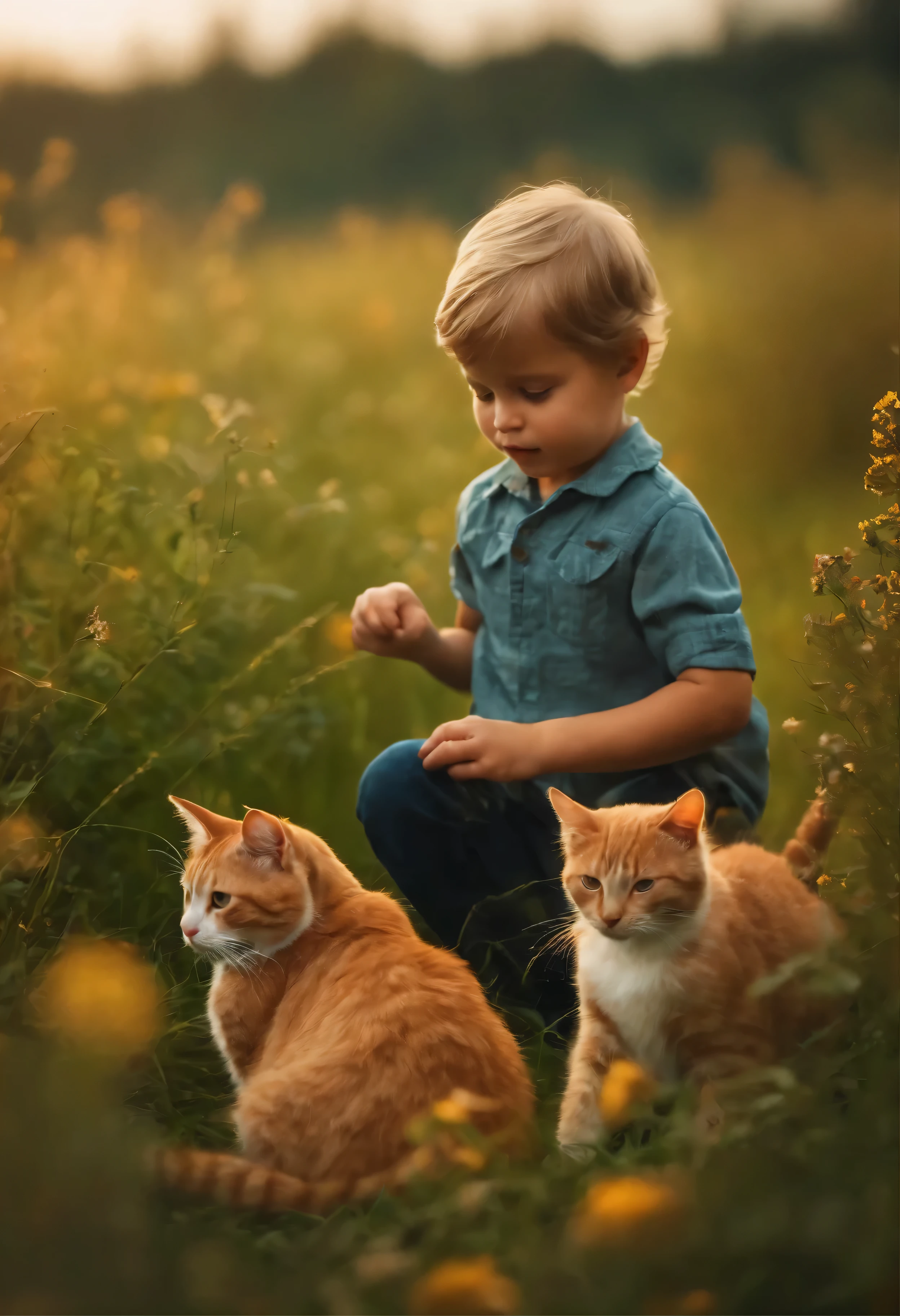 Little boy playing with a cat in the meadow