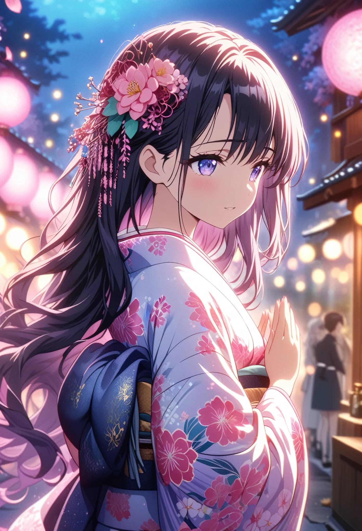 Masterpiece, highest quality, highly detailed CG Unity 8k wallpaper, anime screenshots, female anime character art in kimono with neon floral tattoo. She wears a kimono with a neon tattoo flower pattern that shines in purple. This scene with long flowing hair has a nice soft focus effect, highlighting the magical glow of the tattoo. Please take a prayer pose. In the background are night cherry blossoms shining in pink neon lights. Bokeh photography, (soft focus): 1.2, out of focus highlights, dreamy atmosphere, glowing circles, mesmerizing depth, depth of field