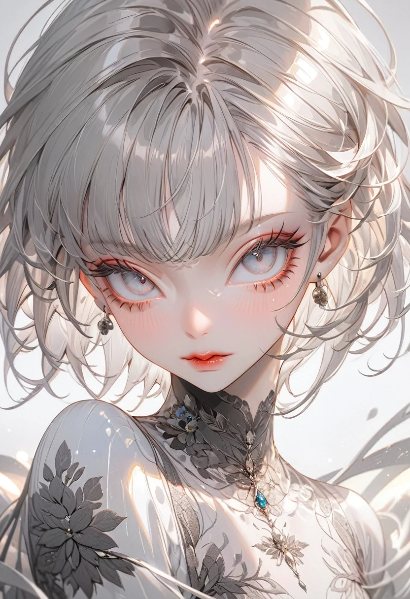 Ultra detailed, Highres, absurdres, HDR, 2B, white short hair, black hairband, expressive blue eye, hair that falls over her left eye, black dress with patterns, Nier Automata, black gloves, fantasy, glittering pink butterflies, petals, extremely beautiful, woman, solo, very detailed eyes and face, master piece, glittering, pink flowers,
