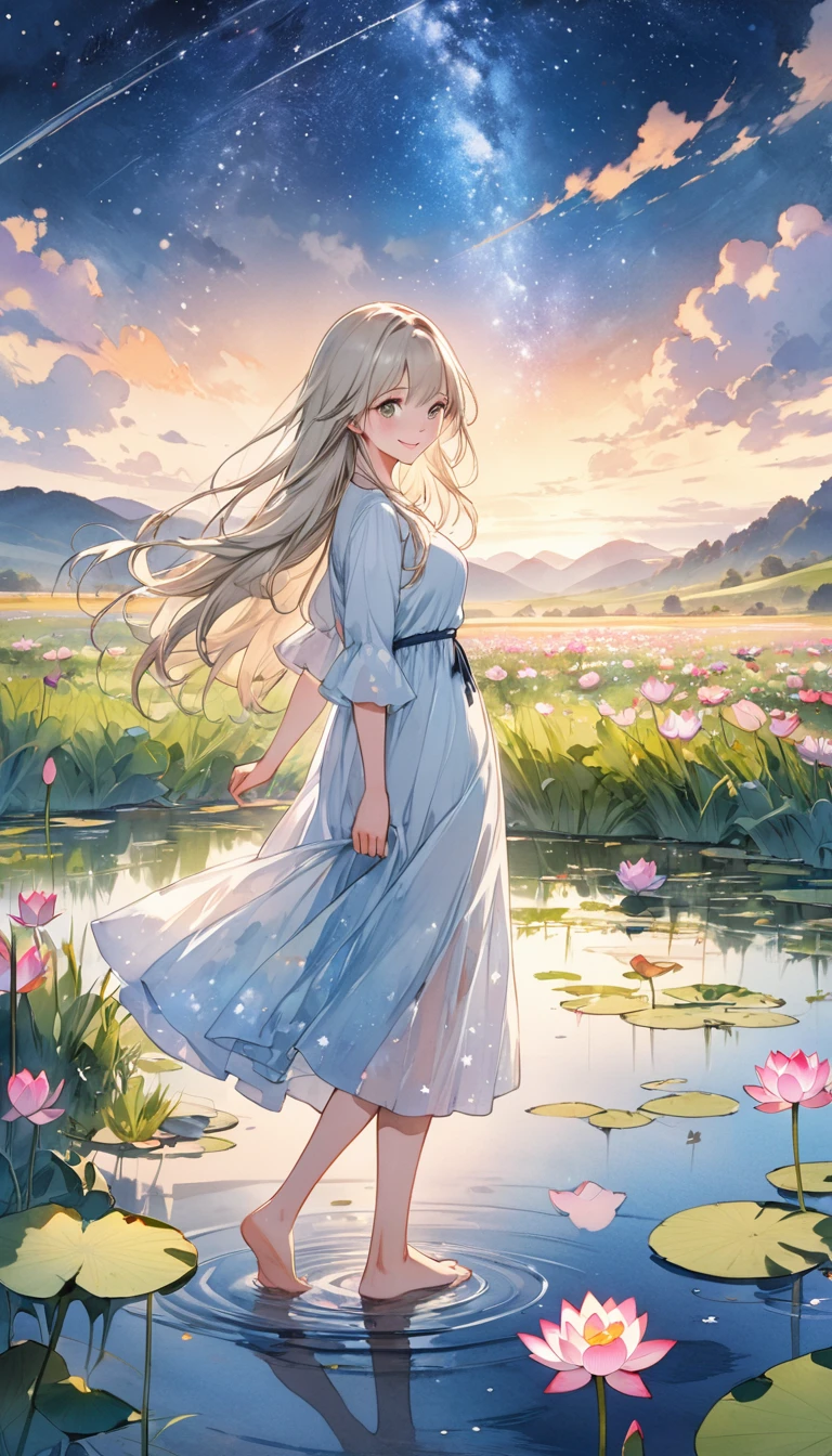 (4K,masterpiece,Highest quality), grassland,Starry Sky,Cloudy,There is a pond,Lotus,Wildflowers are in full bloom,Vibrant colors,Watercolor, A girl who dresses modestly, alone, Silver blonde long hair, smile, Are standing, barefoot,Illustration art,Anime Art,