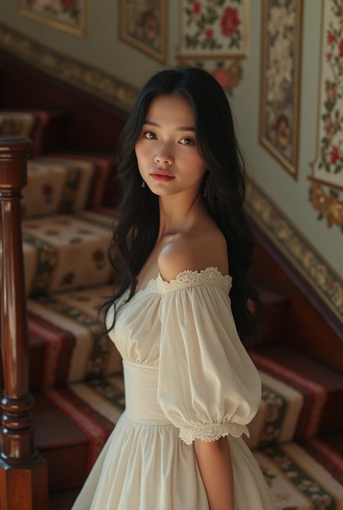 Gentle and charming Chinese beauty, Half-length photo, Exquisite and sexy clavicle, Charming oval face, Double eyelids, Lively peach blossom eyes, Pink lips, Small nose, Bare shoulders, focused face, Close-up of face, Ultra HD, Super Detail, elegant standing posture, Korean style puff sleeve square collar slim short shirt, Paired with a high waist light denim suit