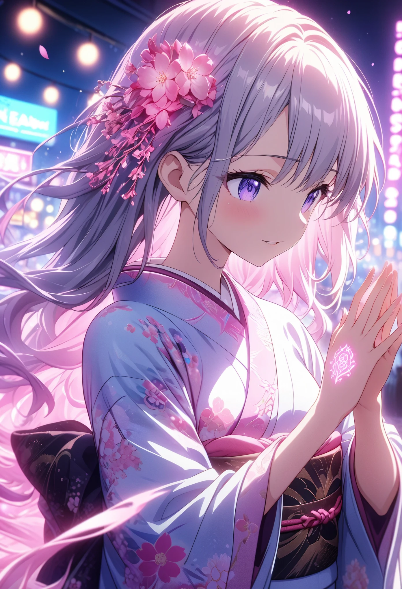 Masterpiece, highest quality, highly detailed CG Unity 8k wallpapers, anime screenshots, female anime character art in kimono with neon glowing floral tattoos. She wears a kimono that glows with purple neon lights. This scene with long flowing hair has a nice soft focus effect, highlighting the magical glow of the tattoo. Please take a prayer pose. In the background are night cherry blossoms shining in pink neon lights. Bokeh photography, (soft focus): 1.2, out of focus highlights, dreamy atmosphere, glowing circles, mesmerizing depth, depth of field