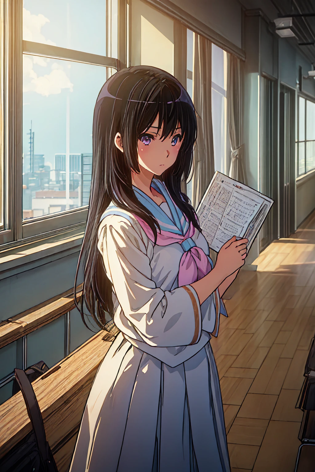 ((masterpiece)), (best quality), (ultra-detailed), 1girl, solo, Japanese high school girl, , slender build, 160cm tall, long straight black hair to the waist, black almond-shaped eyes with a slight upward tilt, serious expression, detail lip, standing in the classroom, sunlight streaming through windows, holding textbooks and clipboard, confident posture, determined gaze, a hint of vulnerability in eyes, meticulous appearance, neatly styled hair, realistic fabric textures, soft lighting, depth of field, high contrast, cinematic composition, Rule of thirds composition, Noise-free clean image, High detail, 8K resolution, official art, Splash anime art, Smooth anime CG art, pixiv, Sequential art