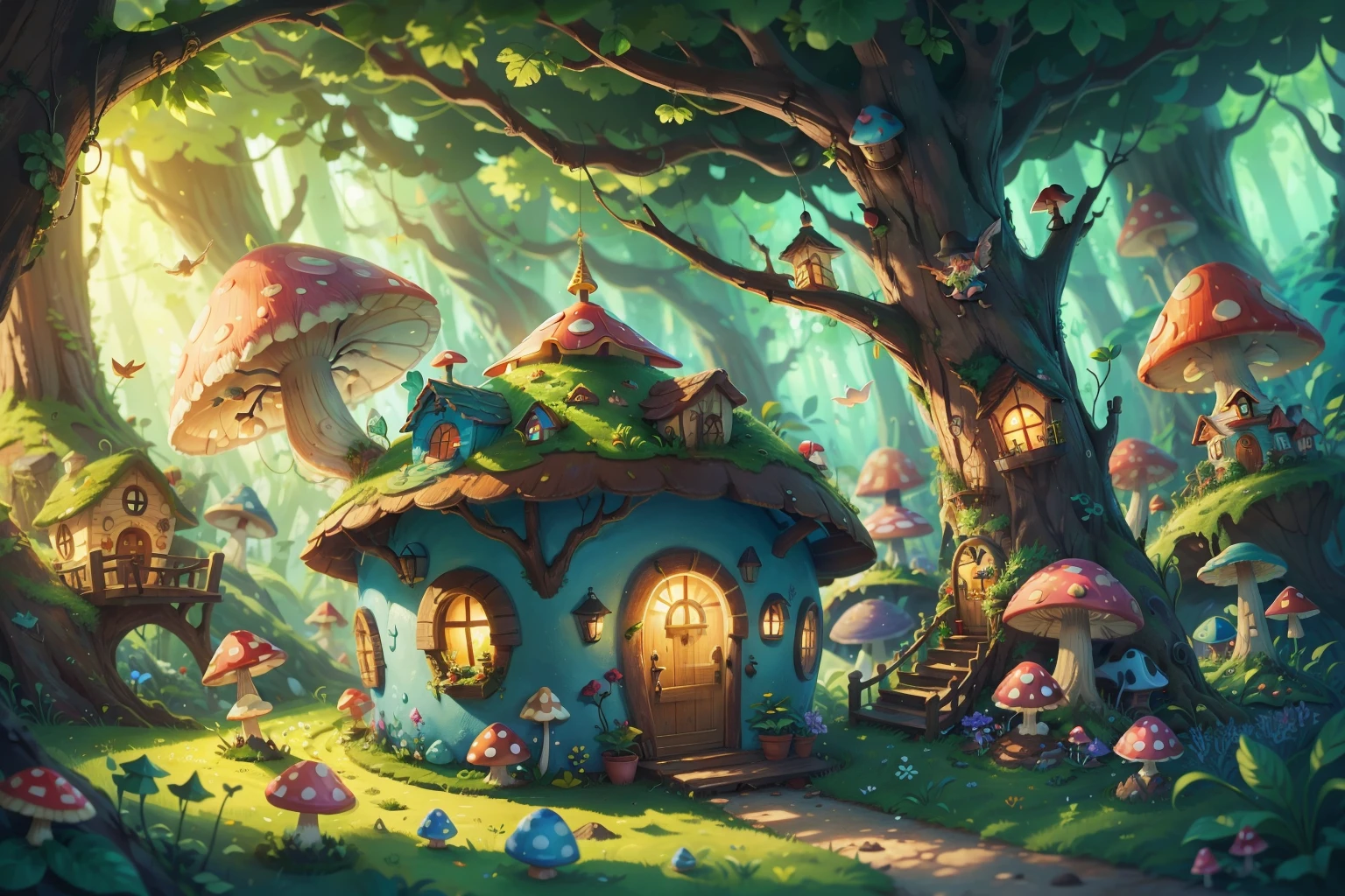 A hideaway like a fairyland，Colorful mushroom house，Fairy World