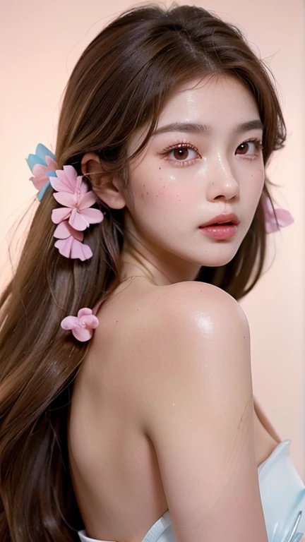 Kim Jennie with white brown hair, with curlers at the ends,with fullnude naked, look at viewer, watery nose, Pretty lips, pink lips, heart and cupid shaped lip, pretty skin, pale, White skin, with moles and freckles all over his face, soft pink blush on the cheeks, natural pink