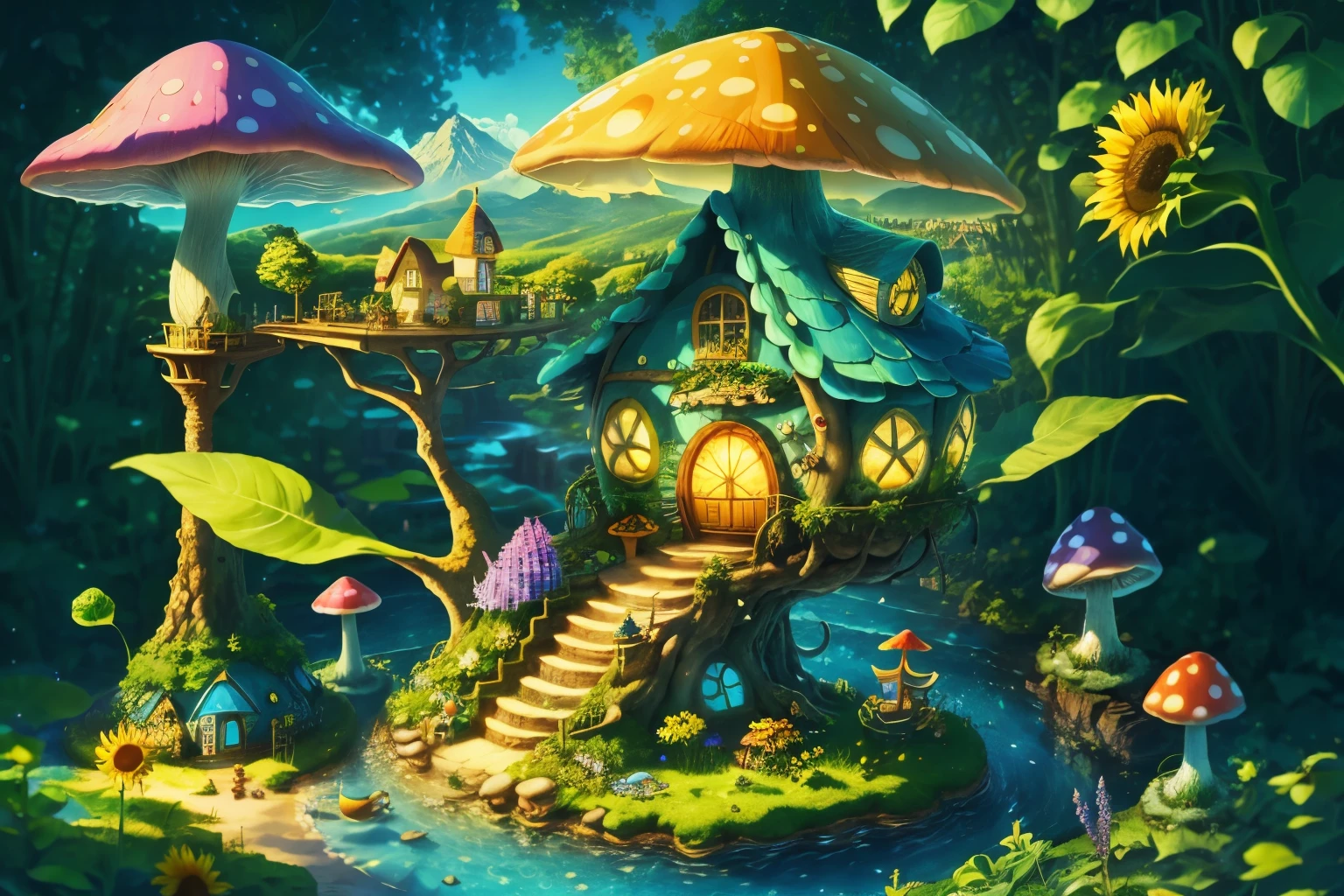 A world in a bottle，A hideaway like a fairyland，Colorful mushroom house，Fairy World，Summer day，Beachside，Rios，Treehouse，Sunflower field，lavender，mountains，Summit，Big tree，