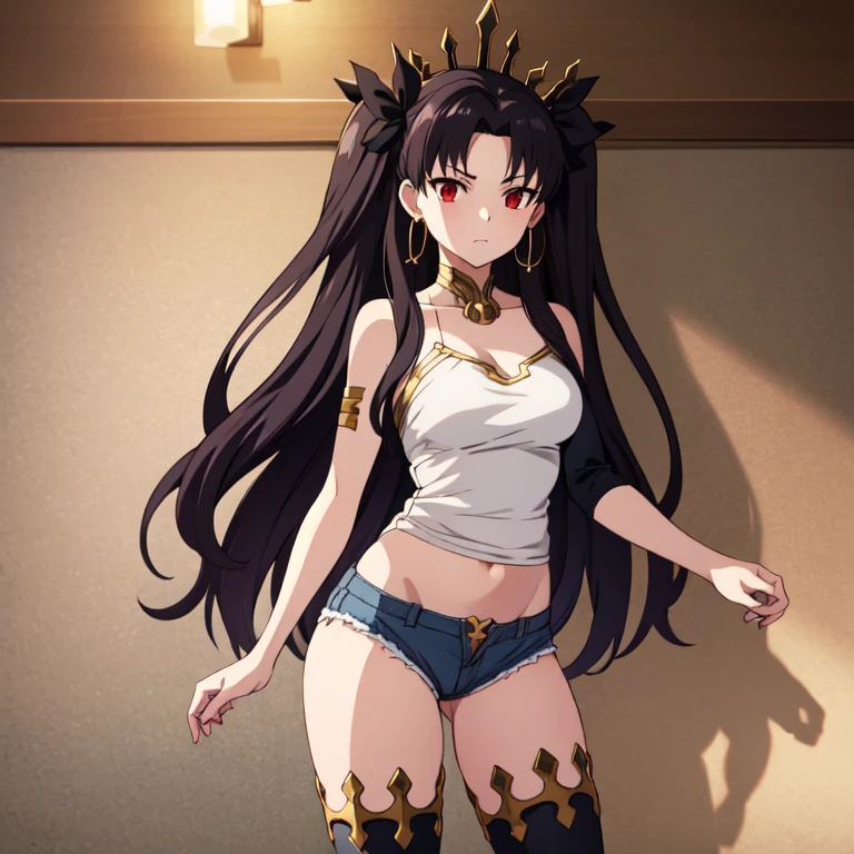 1girl, solo, denim shorts, tank top, ass, aaishtar, long hair, two side up, hair ribbon, tiara, parted bangs, hoop earrings, jewelry, neck ring, single sleeve, detached sleeves, single thighhigh, black thighhighs, standing, anime screencap, cowboy shot, masterpiece, anatomically correct, high quality, super detail