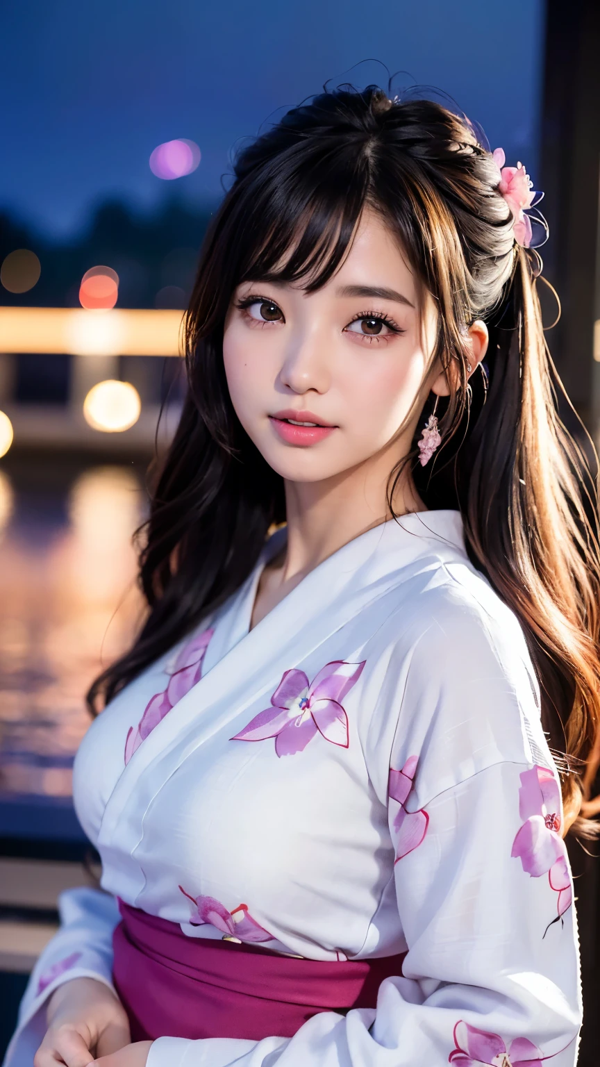 (logo、masterpiece、8k、Tabletop、RAW Photos、wonderful、最high quality、フォトリアリスティックでVery detailedな CG 複合 8k 壁紙、high quality、Very detailed、Narrative poem、Particle Effects、Dynamic Effects、Depth of the Boundary、Cinematic Light、Lens flare、Ray Tracing）、 (One beautiful woman wearing a yukata、White yukata、Light purple pattern)、Black-haired、High definition skin、Very fine、Fine skin texture、Beautiful Face、True Face、Beautiful details in the eyes、Realistic eyes、Beautifully detailed eyes、Realistic Skin、Beautiful Skin、Surreal、Smiling Eyes、Hair and light eyes、vivid、Colorful lights and bokeh、plump lower lip、Pink Lips、Hair flutters in Wind、Hair bounces、wonderful景色、night、evening、Wind、moonlight、moonlight、light