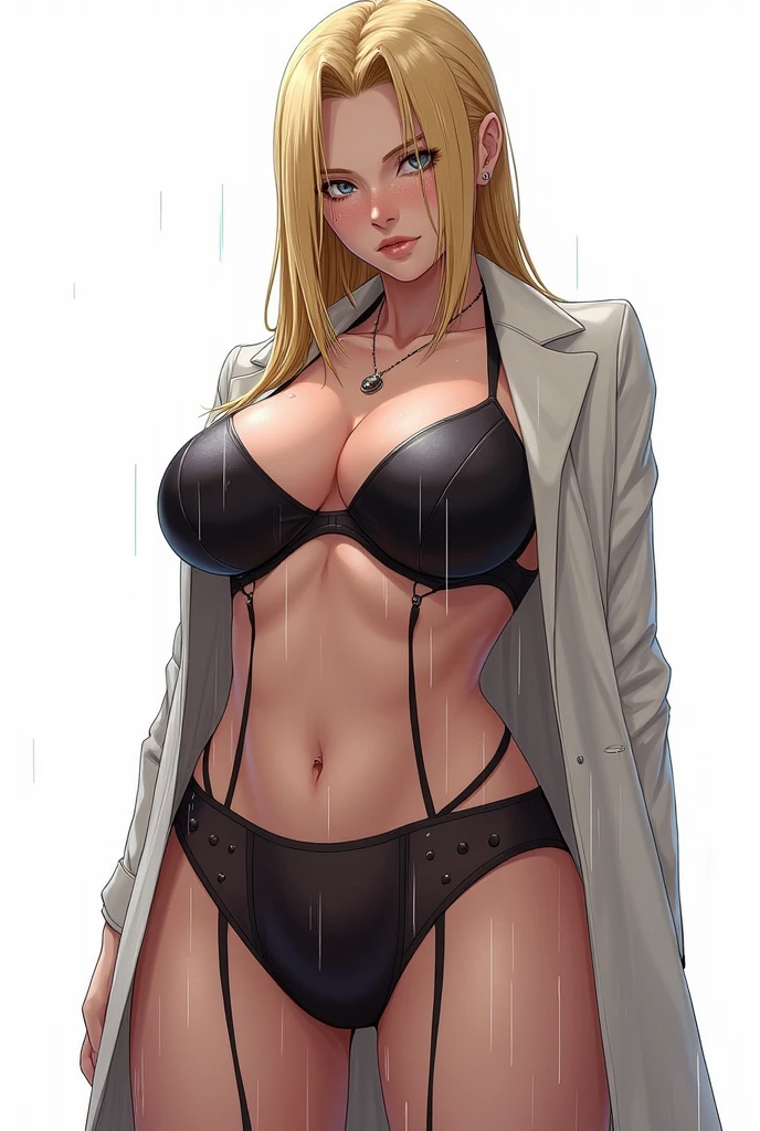 (8k, Highest quality,Manga style, View your viewers, Intricate details:1.3),(One woman, Tsunade from naruto, Big Breasts, I can see the valley), (White color, Ninja uniform, See-through, Sweating, A standing posture that shows the whole body, Being hit by rain, Soaking wet)