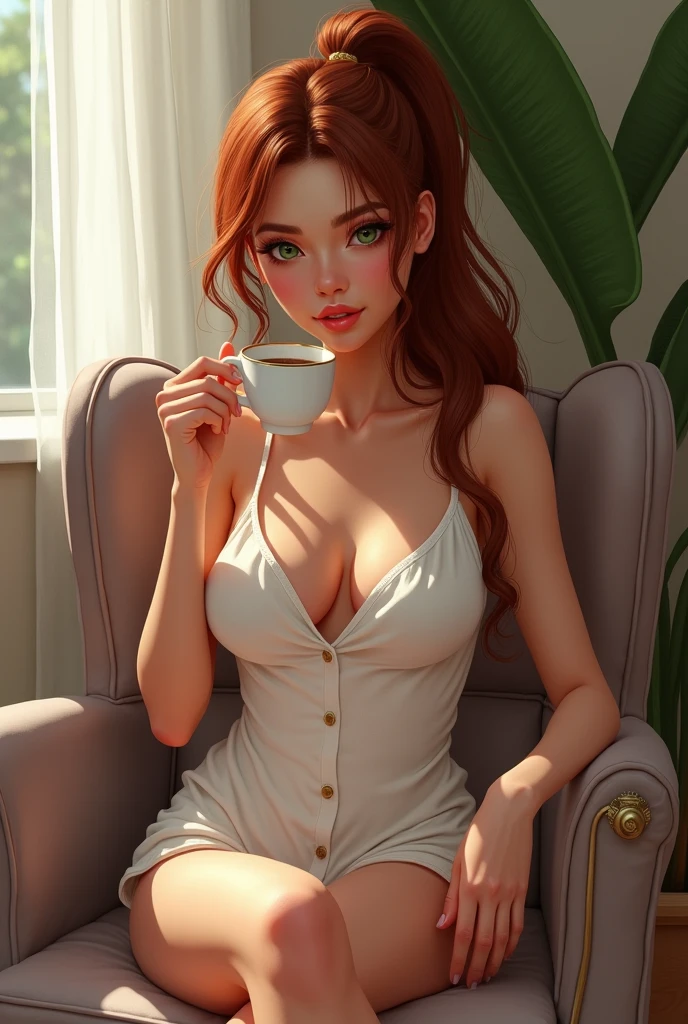 Fair-skinned woman gently holding a coffee cup with both hands