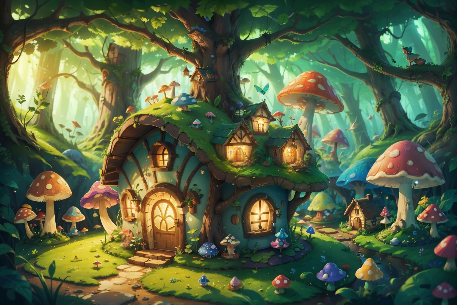 A hideaway like a fairyland，Colorful mushroom house，Fairy World