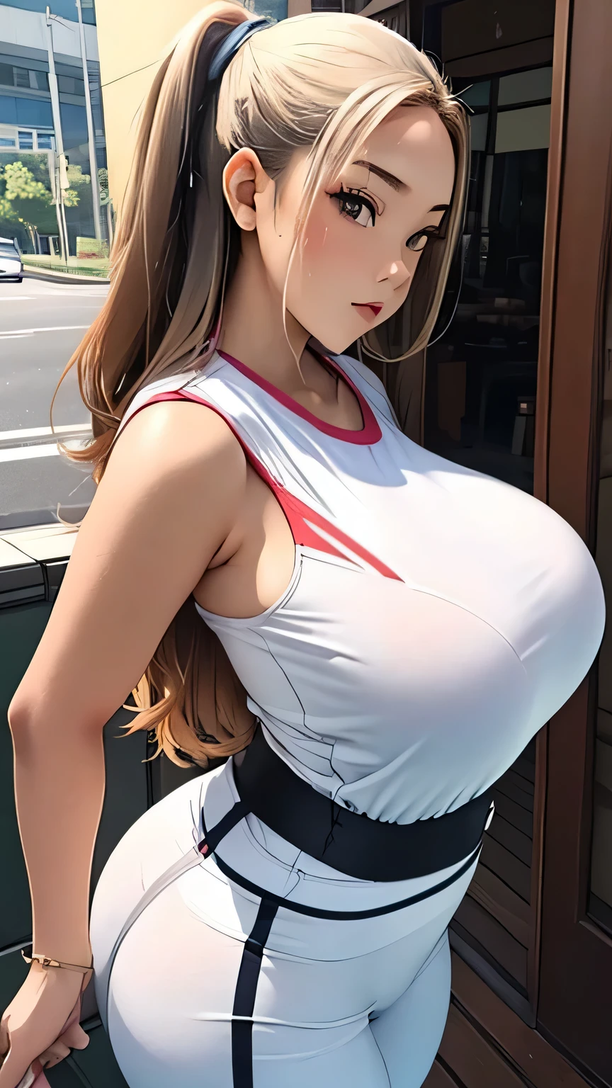 beautiful detailed female japanese, wearing fitted sporty athletic outfit, beautiful face, shiny white skin, long hair, random hair color, curvy body, big breasts