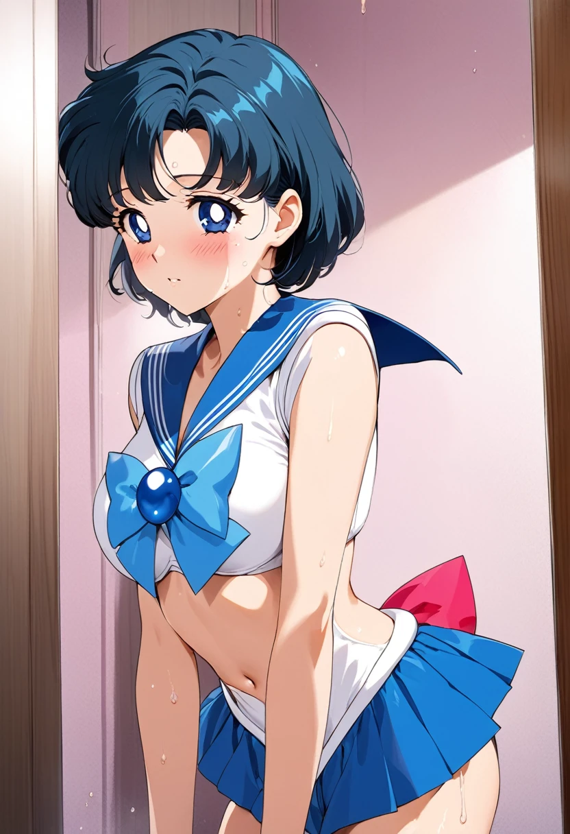 ((((love juice)))　from below、Rear view、stick out your butt、naked、big breasts　I can see your breasts　上半身naked　highest quality, High resolution, 1990s \(style\), retro artstyle, 1990s anime cels style, cute &#39;my room　sailor mercury, sailor warrior uniform, green sailor collar, white gloves, Green pleated skirt, light blue ribbon, ponytail, jewelry, earrings,cute face、troubled face　(((love juice)))　beautiful pussy、beautiful ass hole