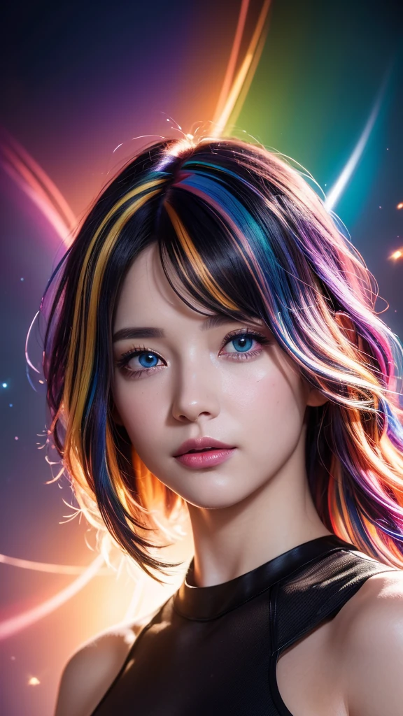 {{masterpiece}}, highest quality, Highly detailed CG Unity 8K wallpaper, cinematic lighting, Lens flare, beautiful detailed eyes, black, side line, multi-colored hair, colorful light, particle, heterochromia, (colorful:1.5), (colorful hair:1.5),
