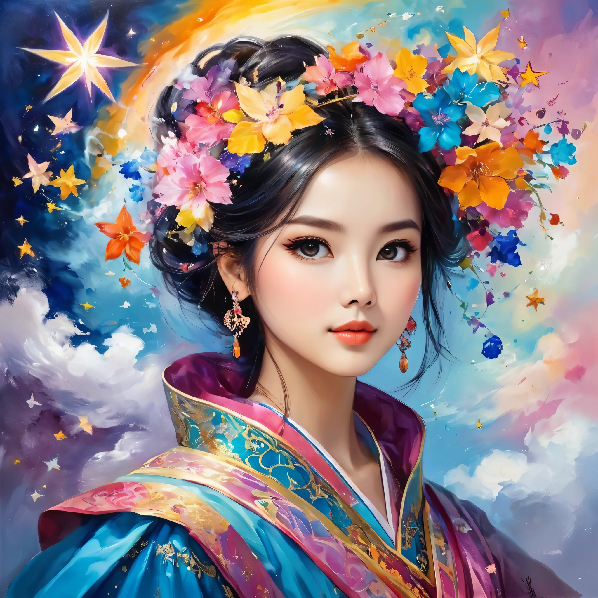 (((work of art))), ((ultra detali)), a beautiful elegant young woman, Cute abstract style, smoke, in the sky, colorido e vibrante, mystical colors, contemporary impressionism, yanjun cheng portrait painting, iridescent perspective ,low angle, sweeping circular composition, big beautiful crystal eyes, large irises, ultra HD, HDR, 8k, the most beautiful portrait in the world, Non-representational, colors and shapes, expression of feelings, Imaginative, outer world planets in different colors, shooting stars in the background