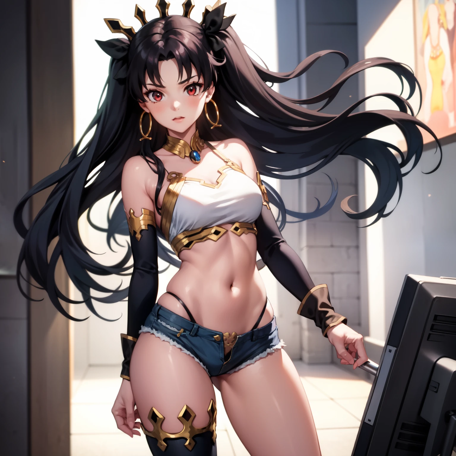 1girl, solo, denim shorts, tank top, (ass), aaishtar, long hair, two side up, hair ribbon, tiara, parted bangs, hoop earrings, jewelry, neck ring, single sleeve, detached sleeves, single thighhigh, black thighhighs, standing, anime screencap, cowboy shot, masterpiece, anatomically correct, high quality, super detail