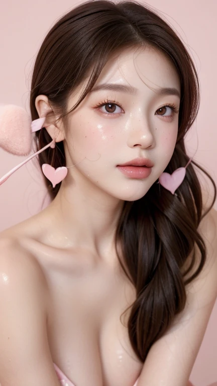 Kim Jennie with white brown hair,,with fullnude naked, look at viewer, watery nose, Pretty lips, pink lips, heart and cupid shaped lip, pretty skin, pale, White skin, with moles and freckles all over his face, soft pink blush on the cheeks, natural pink