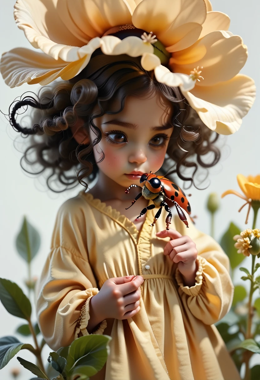 black skin tone of a child, Black curly hair, dark brown eyes, yellow dress with flowers, I hold a ladybug in my hand, silver background, 8 K, 3d.