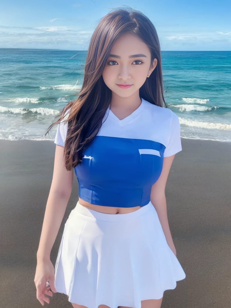 1girl, solo, (uniform), standing, at the beach,  beautifully ocean scenery, detailed cute face, detailed eyes, thick medium breasts, smooth realistic skin, detailed white crop top, detailed blue hot skirt, looking at the audience, (zoom out:1.4), (8k, RAW photo, best quality, masterpiece: 1.2), (realistic, realistic: 1.37), ultra-high resolution