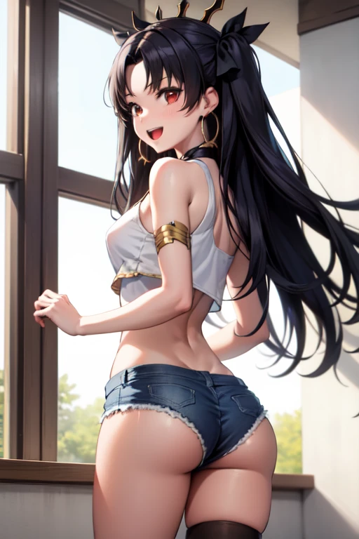 1girl, solo, denim shorts, tank top, ass, backview, open mouth, smiling, standing, anime screencap, cowboy shot, masterpiece, anatomically correct, high quality, super detail, aaishtar, long hair, two side up, hair ribbon, tiara, parted bangs, hoop earrings, jewelry, neck ring, single sleeve, detached sleeves, single thighhigh, black thighhighs