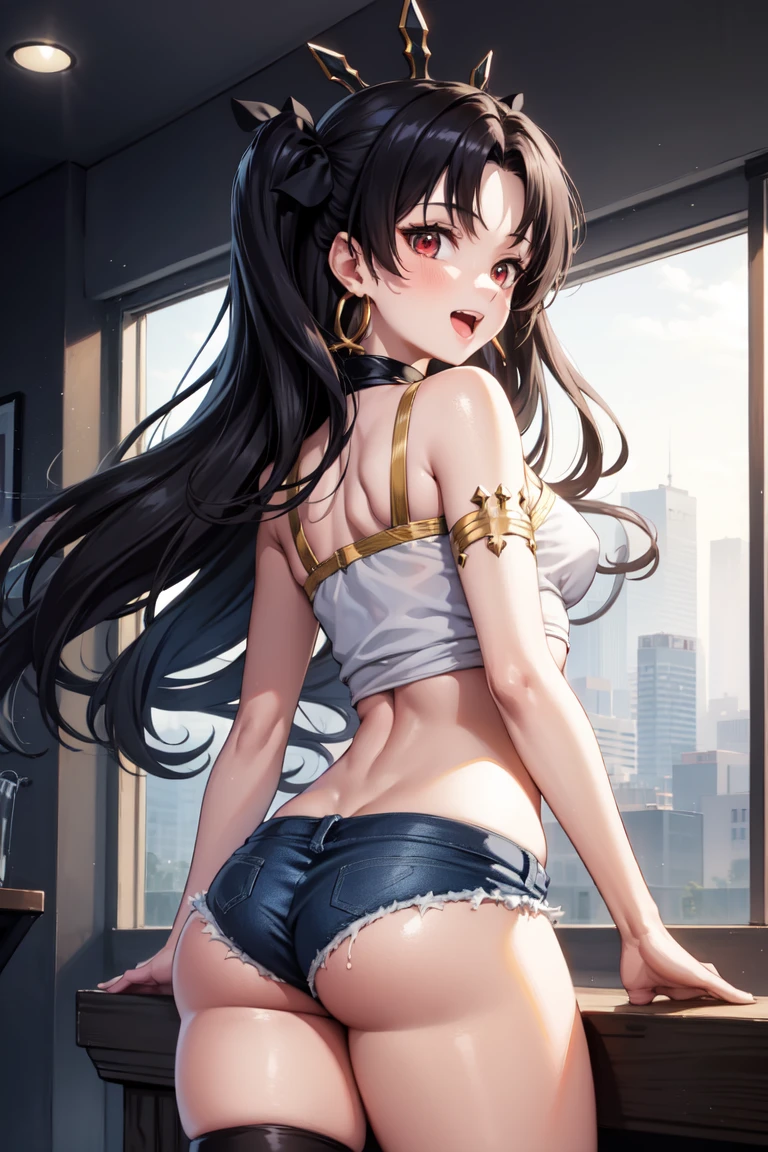 1girl, solo, denim shorts, tank top, ass, backview, open mouth, smiling, standing, cowboy shot, masterpiece, anatomically correct, high quality, super detail, aaishtar, long hair, two side up, hair ribbon, tiara, parted bangs, hoop earrings, jewelry, neck ring, single sleeve, detached sleeves, single thighhigh, black thighhighs