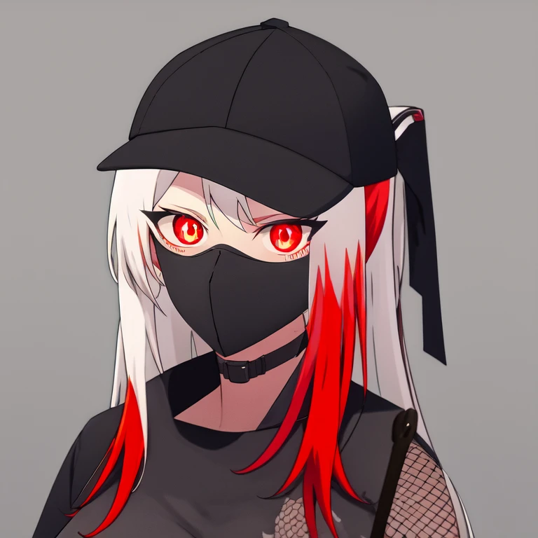 (kosetsuminobe:1.2), mask, (masterpiece:1.2), red eyes, (detailed eyes:1.3), best quality, long hair, grey hair, (full_body:1.1), (1girl:1.1), ahoge, red eyes, streaked_hair, (black mask:1.2), fishnet_top, gloves, thin, tall, small breasts