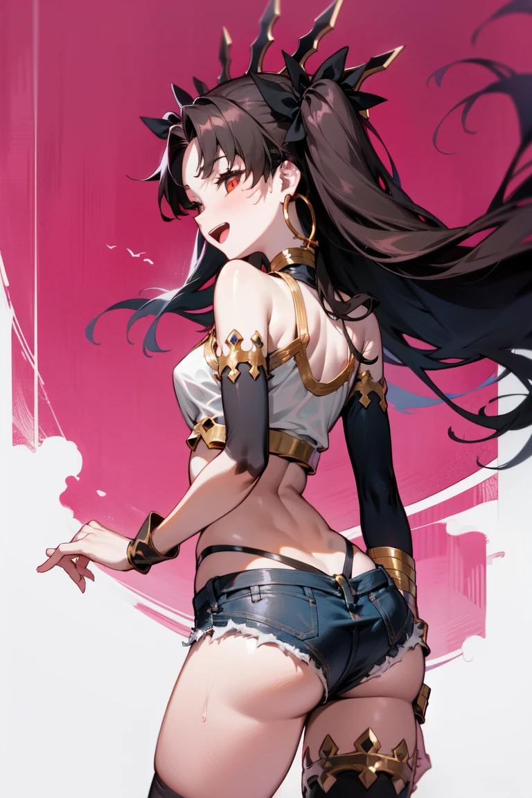 1girl, solo, denim shorts, tank top, ass, backview, open mouth, smiling, standing, cowboy shot, masterpiece, anatomically correct, high quality, super detail, aaishtar, long hair, two side up, hair ribbon, tiara, parted bangs, hoop earrings, jewelry, neck ring, single sleeve, detached sleeves, single thighhigh, black thighhighs