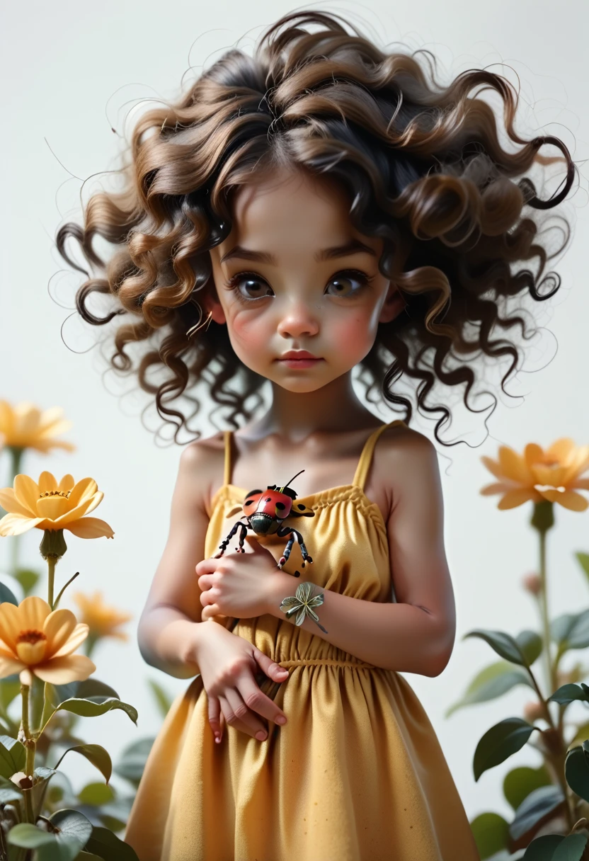 black skin tone of a child, Black curly hair, dark brown eyes, yellow dress with flowers, I hold a ladybug in my hand, silver background, 8 K, 3d.