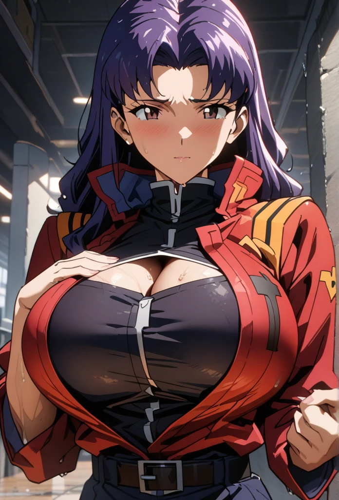 High resolution, masterpiece, Highest quality, High detail, Ultra high definition, Textured skin, Long Hair, 8k,((Katsuragi Misato)),Purple Hair, anime style, huge breasts, cleavage cutout, Wet, twist one's chest