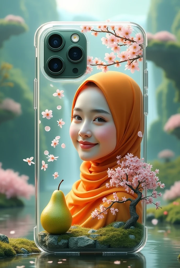 The iPhone cellphone screen is decorated with the motif of a beautiful Korean girl, smooth white skin, well-groomed face, faint smile, orange hijab, realistic original photo.