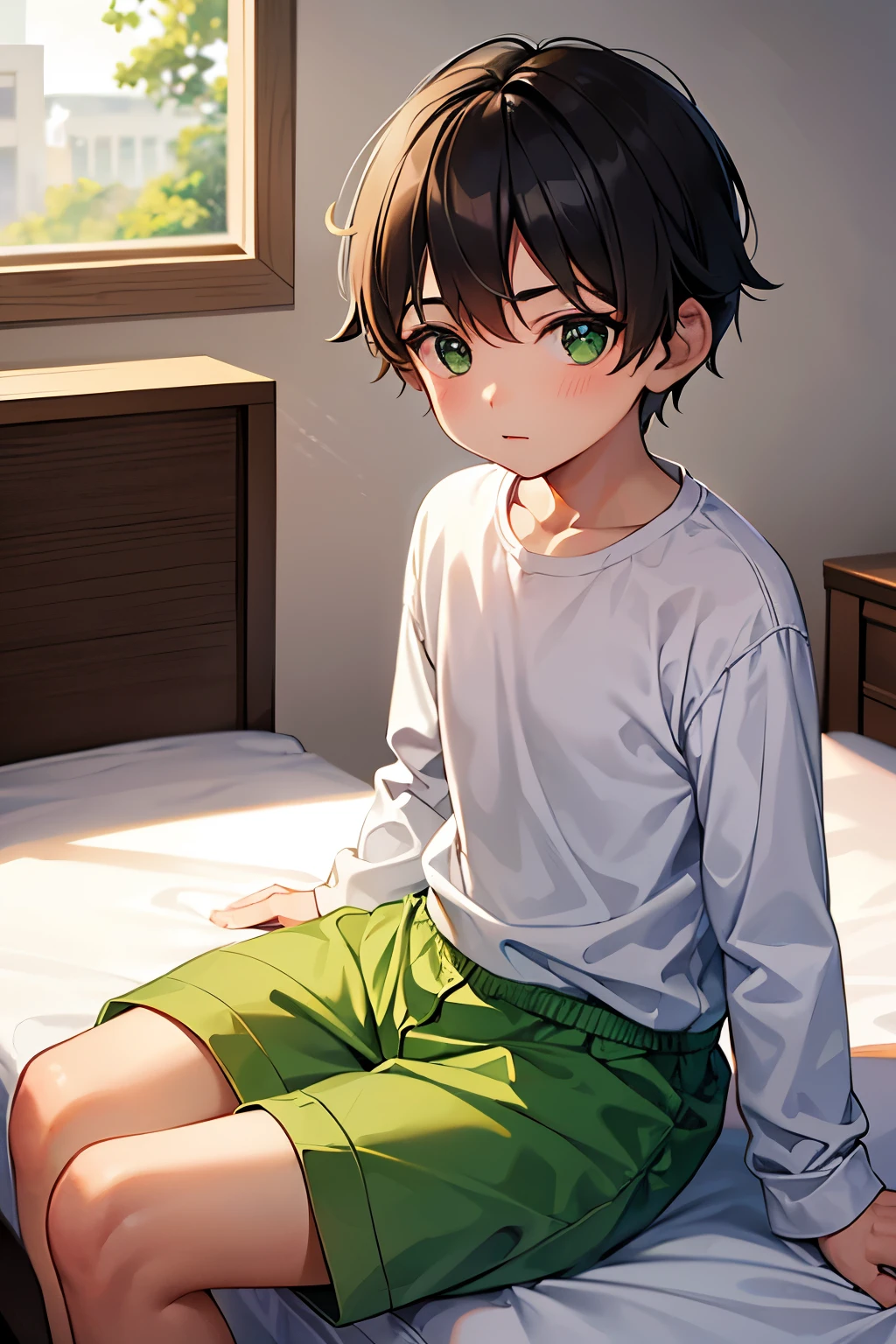 a boy sitting in a bedroom, wearing a white long sleeve shirt and light green underwear, viewed from the side,